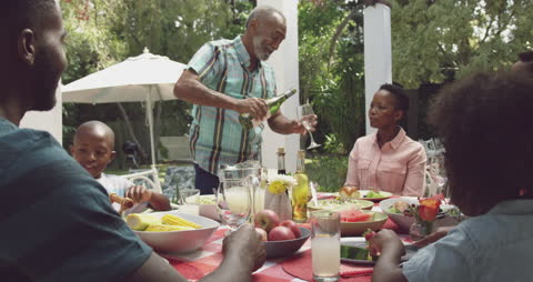 Family Gathering in Garden with Diverse Generations Sharing Meal