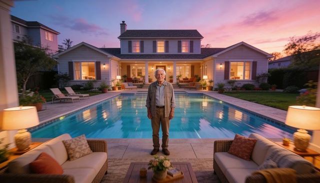 Standing senior man at poolside during twilight with illuminated patio and suburban home