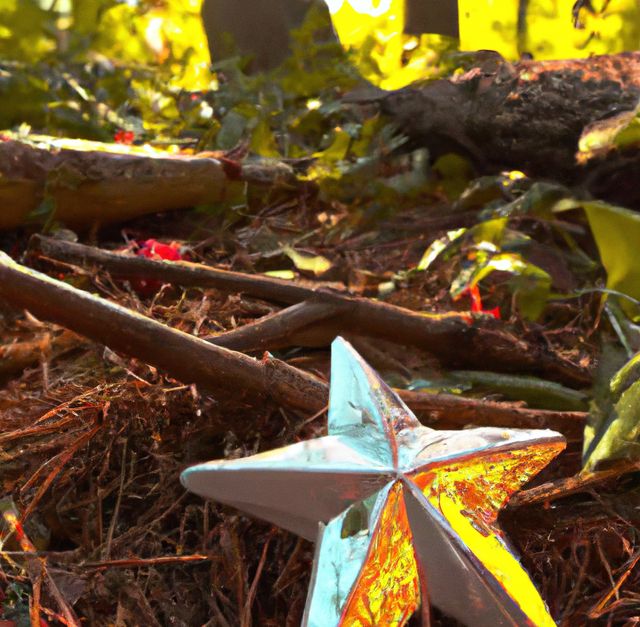 Close-up view of a star-shaped decoration nestled amid forest ground foliage, illuminated by warm golden hour sunlight. Ideal for use in festive promotions, nature-themed blogs or eco-friendly brand campaigns. Highlights the beauty of nature with an artistic touch.