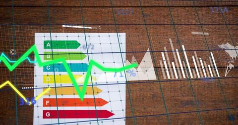 Energy efficiency rating chart with neon trend lines overlaid on rustic wood surface