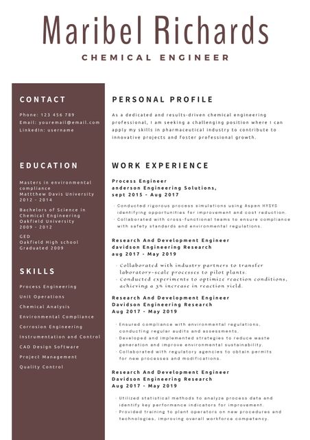 This resume template is ideal for chemical engineers looking to present their professional skills, educational background, and work experience comprehensively. Featuring sections for personal profile, contact information, education details, skillset, and work experience, this one-page layout helps candidates make a strong impression. Suitable for job applications in the engineering field, academic proposals, or any professional setting where a detailed and structured resume is crucial.