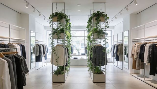 Minimalist boutique interior with greenery-lined metal racks showcasing neutral jackets