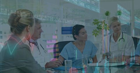Financial Data Overlaid on Group of Medical Professionals