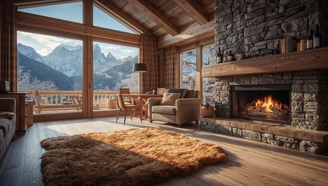 Chalet Living Room Bathing in Sunlight Featuring Stone Fireplace and Alpine Mountain View