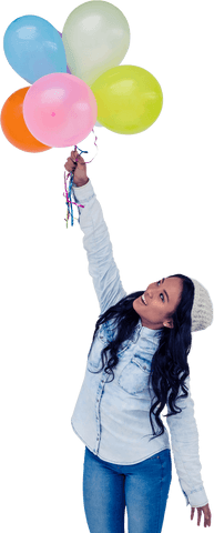 Joyful Asian Woman Holding Colorful Balloons Transparent Background