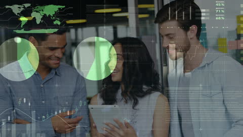 Diverse Team Analyzing Data with Technology Interface Background