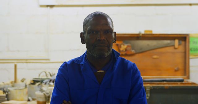 Confident Carpenter in Workshop Wearing Blue Overalls - Download Free Stock Images Pikwizard.com