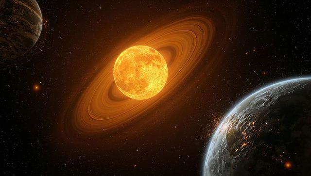 Ringed Star Illuminating Cosmic Landscape with Rocky Planets