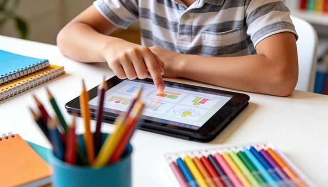 Young child tapping tablet for interactive learning at desk among colorful school supplies