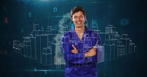 Smiling Engineer with Digital City Hologram Background