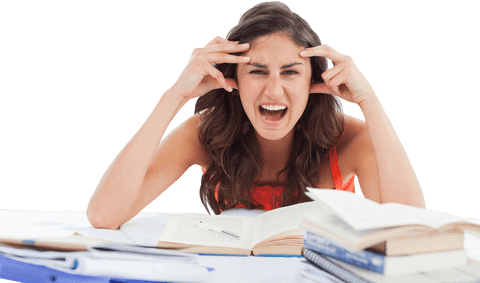 frustrated young woman studying with pile of books on transparent background - Download Free Stock Videos Pikwizard.com