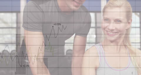 Caucasian Trainer Assisting Woman in Gym Over Data Visualization