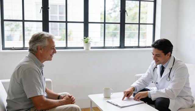 Doctor consulting with senior man in modern clinic reviewing medical paperwork and smiling