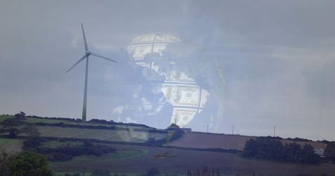Dollar globe overlaying wind turbine and rolling farmland renewable energy finance concept
