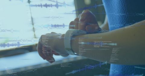 Woman Checking Smartwatch with Digital Data Overlay