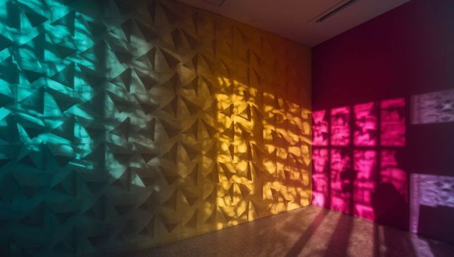 Vibrant abstract installation: triangular panels with grid shadow