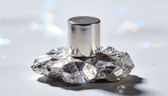 Cylindrical magnet balancing on shiny metallic crystal reflecting prism light closeup
