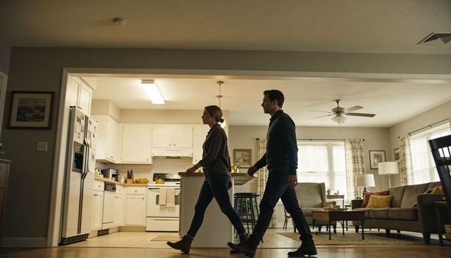 Couple walking through open-plan kitchen and living room in natural daylight