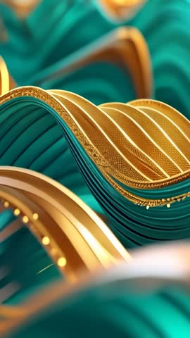 Panning camera revealing undulating teal and gold ribbons shimmering in abstract vertical