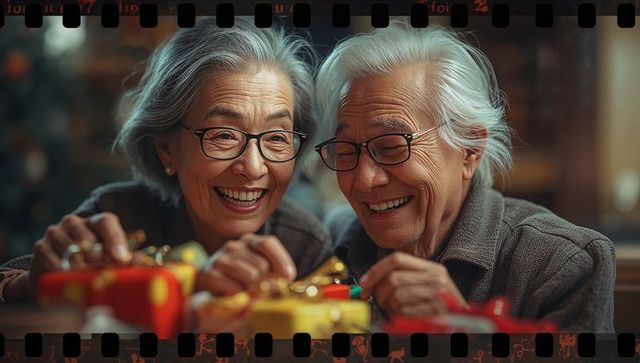 Joyful Senior Couple Tying Ribbons on Gift Boxes at Home