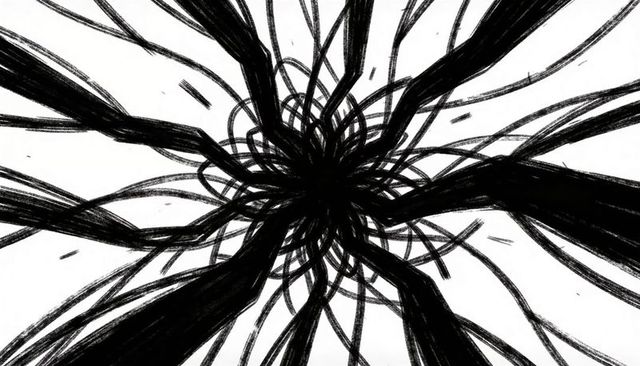 Radial black vortex of intertwined ribbons charcoal linework abstract knot monochrome texture
