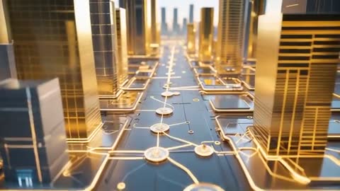 Futuristic Golden Cityscape with Digital Circuitry Pathway