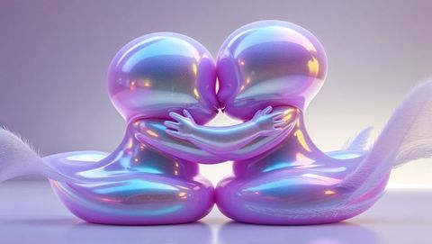 Iridescent abstract sculptures embracing with symbolic tails