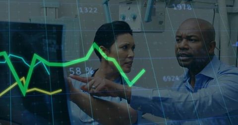 Clinicians reviewing medical imaging with analytics overlay for radiology collaboration