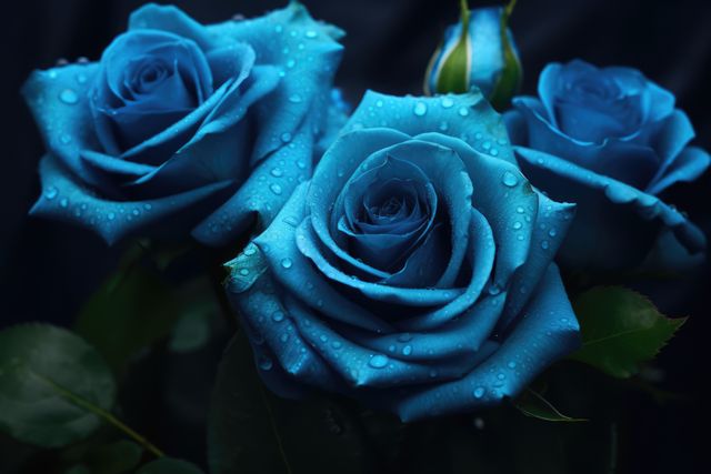 Close-up view of vivid blue roses adorned with water droplets, showcasing nature's beauty. Ideal for use in botanical themes, romantic decorations, floral arrangements, nature-based promotions, and greeting cards.