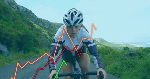 Cyclist on Mountain Road with Data Visual Overlays Emphasizing Fitness