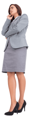 Transparent Stylish Businesswoman Deep in Thought on White Background