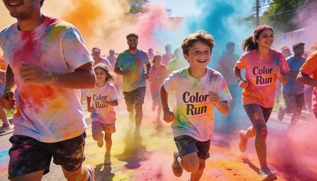 Smiling kids and adults running through vibrant color run powder clouds at outdoor festival