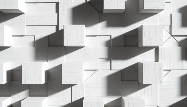 White Wood Cube Relief with Angled Shadows, Geometric Grid and Minimalist Texture