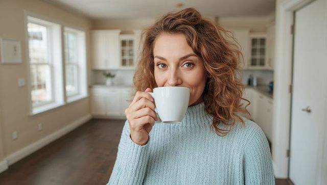 Smiling woman enjoying morning coffee in bright minimal kitchen with cozy sweater