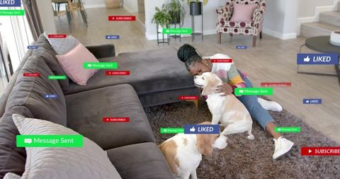 Digital Communication Overlays with Woman and Dogs in Cozy Living Space