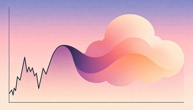 Floating layered cloud and ribbon wave merging with financial line chart in pastel gradient