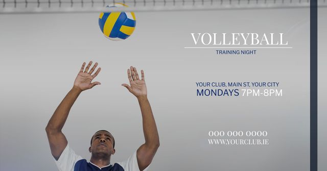 This image shows a promotional poster for a volleyball training night, featuring an athlete reaching upwards to hit a volleyball. The text provides details about the training session location, time, and contact information. This image can be used for marketing volleyball events, sports club promotions, or to depict athletic training in various designs.