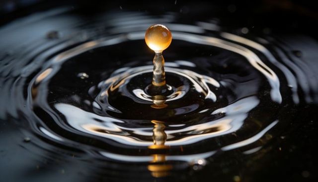 Amber droplet rebounding on glossy black liquid with golden ripple reflection