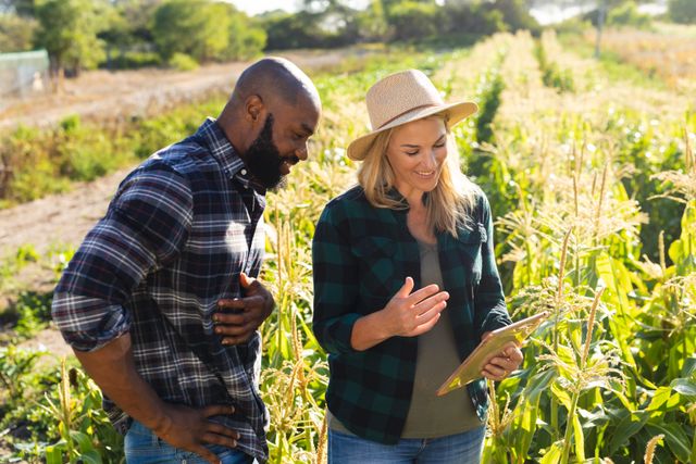 Smiling caucasian woman discussing with african american male coworker over digital tablet in farm. teamwork, nature, unaltered, agronomist, research, technology, organic farm and farming concept.
