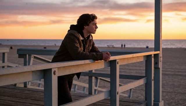 Young man leaning on lifeguard platform watching golden ocean sunset over sandy beach