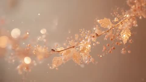 Shifting camera revealing glittering golden branch with dew-laden leaves and bokeh shimmer