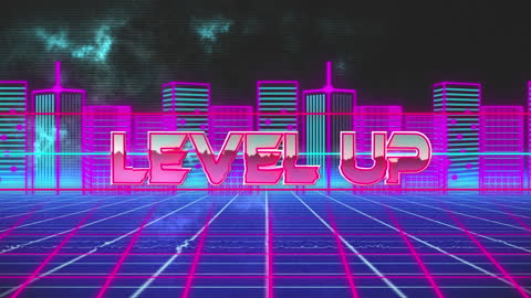 Retro Futuristic Level Up Animation with Neon Cityscape
