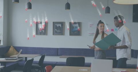 Reviewing digital data in coworking space, colleagues collaborating with phone and folder