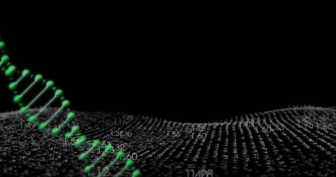 Neon green dna double helix rising from numeric data grid with futuristic particle wave