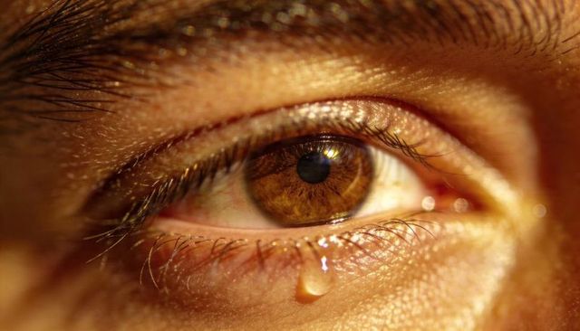 Macro brown eye shedding tear droplet with detailed eyelashes and skin texture