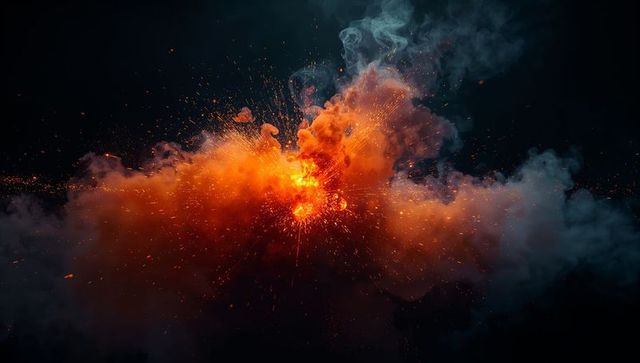 Erupting fiery core sending billowing smoke and glowing embers across dark void