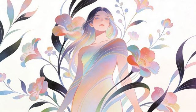 Ethereal woman wearing iridescent gown entwining with pastel blossoms and flowing hair