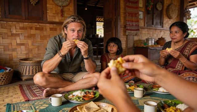 Traveler sharing traditional communal meal on bamboo floor with local family, banana leaf