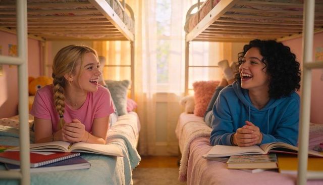 Teen girls laughing while studying on pastel bunk beds, cozy bedroom study session