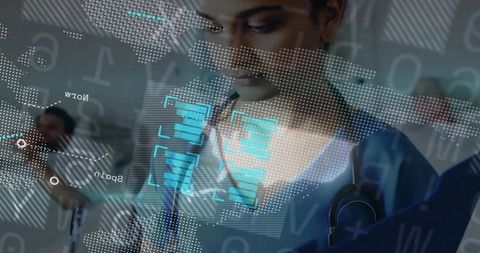 Indian nurse reviewing tablet with augmented reality health data and analytics in clinic